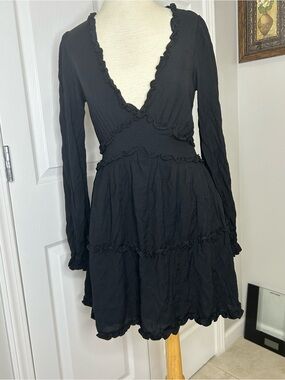 Altar’d State Black Long Sleeve Ruffle Dress Size M Back Zipper